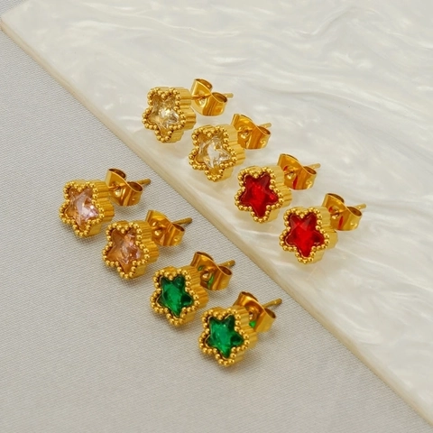 Star Stud Earrings 18K Gold Plated Stainless Steel With Colorful Zircon Inlaid Flower Shape Fashion Jewelry For Women