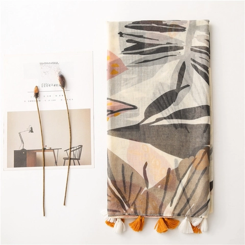 Abstract Art Print Long Scarf For Women Cotton Linen Feel Lightweight Shawl With Tassels Sun Protection Beach Wrap
