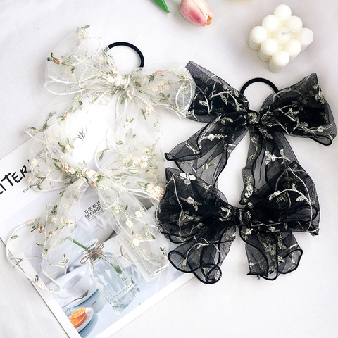 Élégante Grande Pince À Cheveux Noeud Papillon Maille Gaze Broderie Fleur Chouchou Style Coréen Doux Accessoires Pour Cheveux Femmes