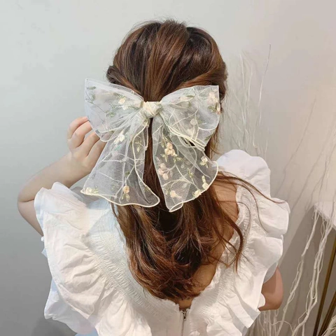 Élégante Grande Pince À Cheveux Noeud Papillon Maille Gaze Broderie Fleur Chouchou Style Coréen Doux Accessoires Pour Cheveux Femmes