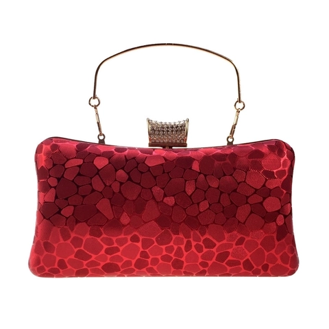 Women Evening Clutch Bag PU Leather Geometric Pebble Texture Rhinestone Metal Handle Party Wedding Dinner Chain Strap
