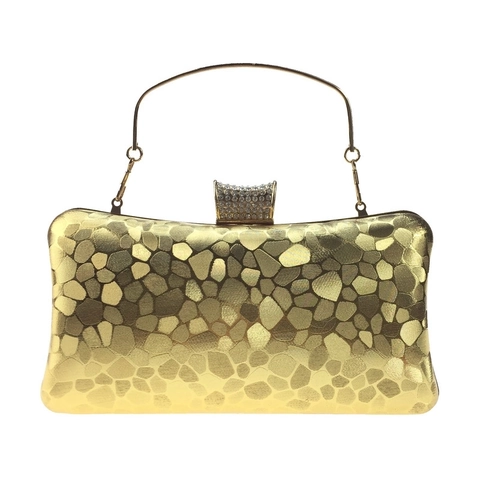 Women Evening Clutch Bag PU Leather Geometric Pebble Texture Rhinestone Metal Handle Party Wedding Dinner Chain Strap