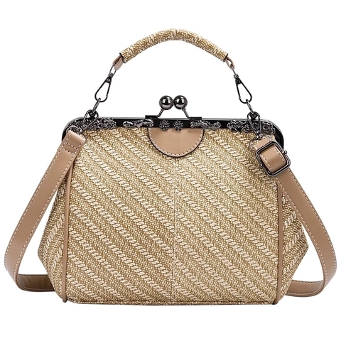 Vintage Kiss-Lock Handbag Straw Weave PU Leather Retro Doctor Bag Shoulder Crossbody Solid Color For Women