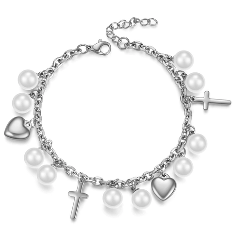 Bracciale Alla Moda In Acciaio Inossidabile Con Ciondoli A Croce Cuore E Künstliche Perle Sintetiche Gioielli Minimalisti Regolabili Per Donna