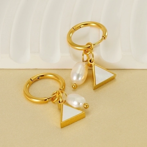 Pendientes De Aro De Acero Inoxidable Chapado En Oro De 18K Perla Artificial Natural Nácar Triángulo Elegante Lujo Mujer
