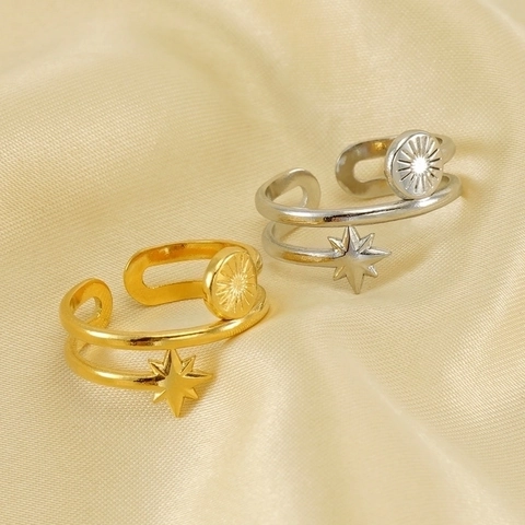 Anillo Abierto De Acero Inoxidable Chapado En Oro De 18K Para Mujer Doble Capa Estrella De Ocho Puntas Sol Joyería Ajustable