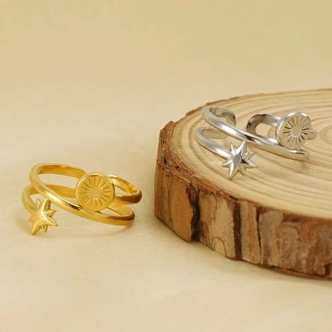 Anillo Abierto De Acero Inoxidable Chapado En Oro De 18K Para Mujer Doble Capa Estrella De Ocho Puntas Sol Joyería Ajustable