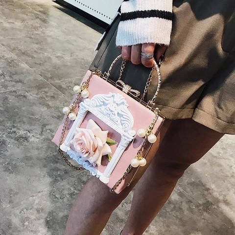 Damen Barock Box Handtasche 3D Rose Relief Rahmen Künstliche Perlenkette PU Leder Retro Abendtasche