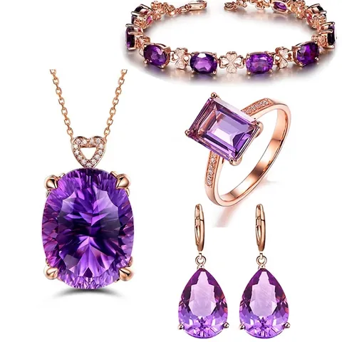 Rose Gold Plated Amethyst Crystal Necklace Earrings Bracelet And Ring Heart Clover Gemstone Elegant Wedding Party Jewelry