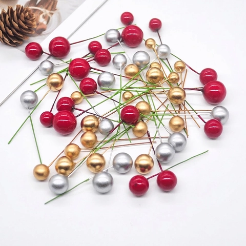 Artificial Christmas Berries Foam Iron Wire Stem Red Gold Silver For DIY Holiday Floral Craft Home Decoration Ornament