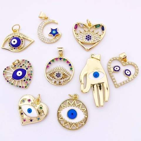 Evil Eye Herz Hamsa Hand Mond Stern Anhänger Messing 18K Vergoldet Bunte Zirkonia DIY Charme Schmuck Zubehör Damen