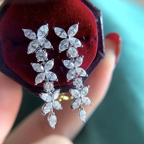 Blumen Hängeohrringe Kupfer Zirkon Marquise Rundschliff Lang Elegant Hochzeit Party Schmuck Für Damen