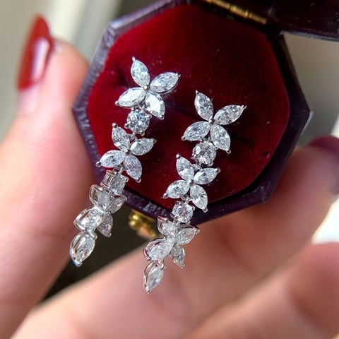 Blumen Hängeohrringe Kupfer Zirkon Marquise Rundschliff Lang Elegant Hochzeit Party Schmuck Für Damen