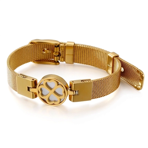 Four Leaf Clover Mesh Band Bracelet Stainless Steel Shell Inlay Adjustable Watch Strap Style Jewelry For Women Lucky Elegant