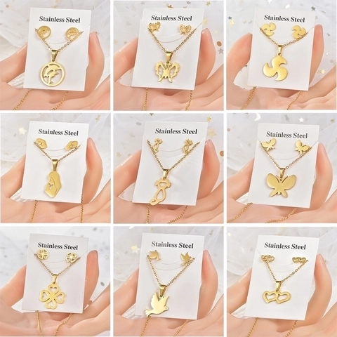 Collana E Orecchini Acciaio Inossidabile Motivo Animale Farfalla Cuore Trifoglio Donne Moda Accessorio Minimalista