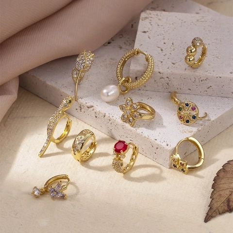 Cartilage Piercing Earring Copper Brass With Zircon Butterfly Flower Snake Shape Fashion Irregular Screw Back Jewelry For Women