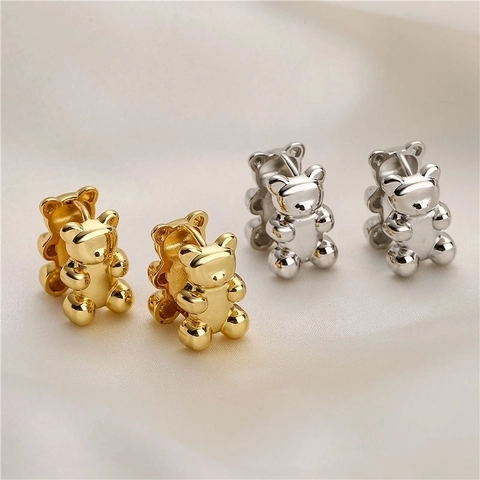 Cute Stereoscopic Bear Huggie Hoop Earrings Copper 18K Gold Plated Polished Animal Dangle Jewelry For Women