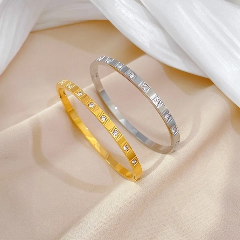 Minimalist Square Grid Cubic Zirconia Bangle Bracelet Stainless Steel Vintage INS Style Elegant Jewelry For Women