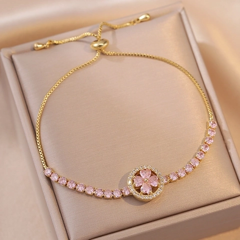 Elegante Roze Hart Klaver Armband Voor Vrouwen Legering Zirkoon Bloem Verstelbaar Trekkoord Schuifsluiting Sieraden