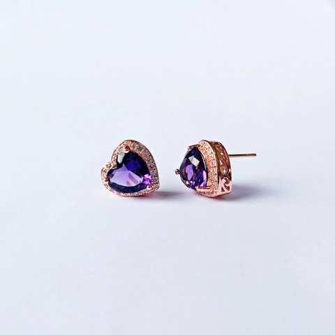 Vintage Copper Heart Stud Earrings With Purple Blue Yellow Rhinestone Halo For Women Romantic Wedding Jewelry Gift
