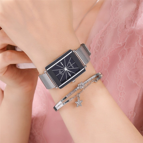Orologio Al Quarzo Rettangolare Cinturino In Maglia Di Acciaio Inossidabile Cassa In Lega Quadrante Con Strass Moda