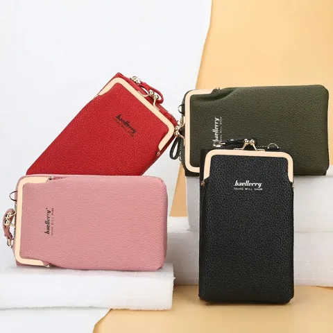 Women Crossbody Phone Bag Litchi Pattern PU Leather Wallet With Kiss Lock And Zipper Multi Card Slots Shoulder Purse