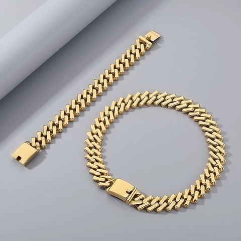 Cadena De Eslabones Cubanos Collar Y Pulsera Acero Inoxidable Hip Hop Joyería Unisex Tono Oro Plata