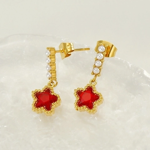 Orecchini A Stella Acciaio Inossidabile Placcato Oro 18K Zircone Perla Artificial Retrò Francese Elegante Gioielli Da Donna