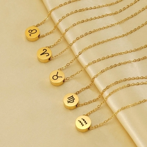 Collar Con Colgante De Constelación De Acero Inoxidable Bañado En Oro 18K Signo Del Zodiaco Símbolo De Moneda Redonda Para Mujer