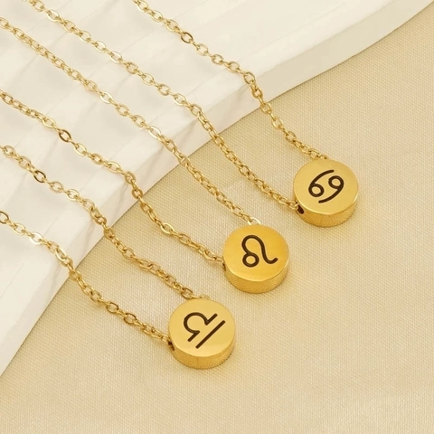 Collar Con Colgante De Constelación De Acero Inoxidable Bañado En Oro 18K Signo Del Zodiaco Símbolo De Moneda Redonda Para Mujer