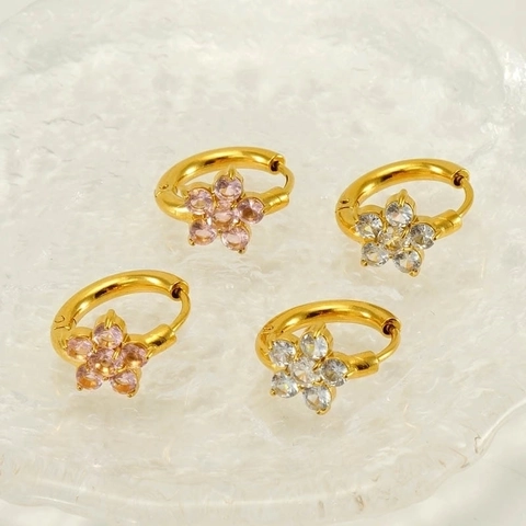 Orecchini A Cerchio Fiore Acciaio Inossidabile Placcato Oro 18K Zircone Intarsiato Stile Chic Dolce Per Donne Ragazze