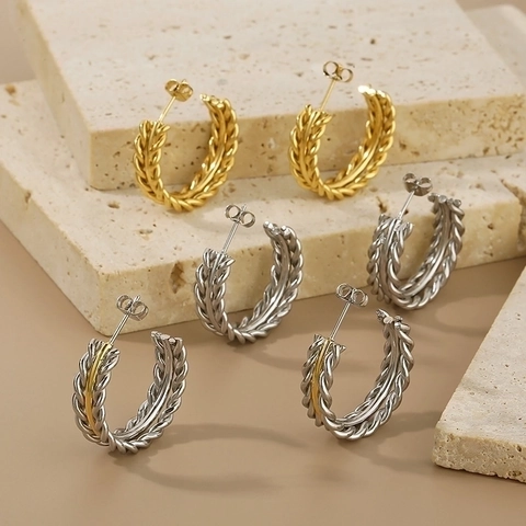 Retro Gedrehte Edelstahl C-Form Ohrringe Gevlochten Textur Geometrisches Spleißen Vergoldet Silber Damen Schmuck