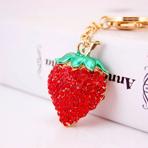 Llavero Creativo de Fresa con Diamantes de Imitación para Mujer Aleación de Oro Esmalte Rojo Colgante para Bolso Accesorios