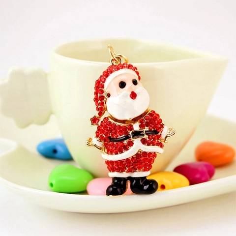 Santa Claus Keychain Sparkling Red Rhinestone Enamel Zinc Alloy Gold Tone Festive Christmas Bag Charm Novelty Gift Kids