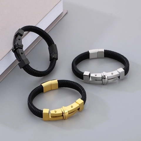 Pulsera De Cuero Trenzado Para Hombre Con Cierre Magnético De Acero Inoxidable Diseño De Cruz Geométrica Estilo Industrial