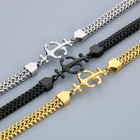 Pulsera Hombre Acero Inoxidable Colgante Ancla Náutico Doble Capa Cadena Trenzada