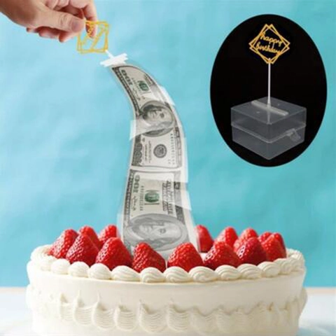 Kuchen ATM Geld Ziehbox Überraschung Geburtstag Geschenk Deko Transparenter Kunststoff Requisite Mit Happy Birthday Topper