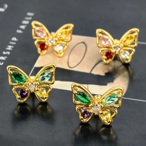 Squisiti Orecchini a Bottone a Farfalla Donna Con Perno in Argento Sterling 925 Rame Zirconia Colorata Intarsiata Gioielli
