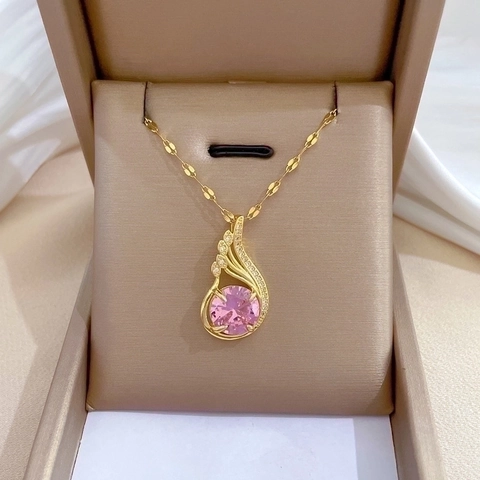 Collana Con Pendente Piuma Di Fenice Acciaio Inossidabile Rame Strass Rosa Gioielli Da Sposa Eleganti Per Donne Lusso
