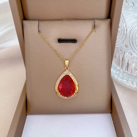 Elegante Collana Con Pendente In Cristallo Rosso A Goccia Catena In Acciaio Al Titanio Rame Halo Zircone Gioielli Regalo Donna