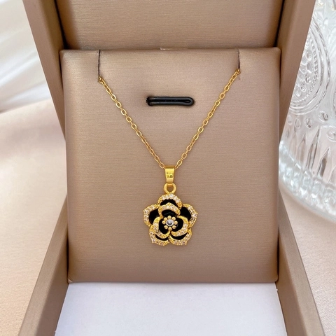 Camellia Blume Anhänger Halskette Titanstahl Kette Kupfer Zirkon Elegant Retro Schmuck Für Damen