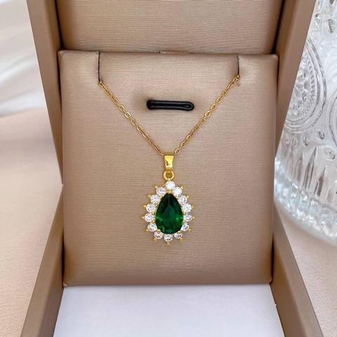 Collana Con Pendente A Goccia Verde Smeraldo Catena In Acciaio Al Titanio Rame Strass Gioielli Eleganti Vintage