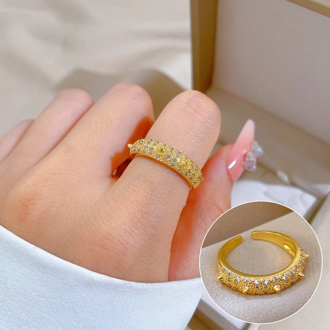 Spiked Open Ring Gold Plated Brass Micro Pave Cubic Zirconia Adjustable Rivet Thorn Band Fashion Jewelry For Women
