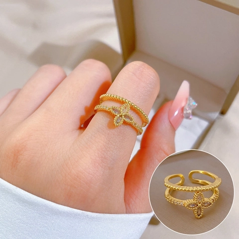 Doppelschichtiger Verstellbarer Ring Goldbeschichtetes Messing Kleeblatt Zirkonia Eleganter Schmuck Für Damen