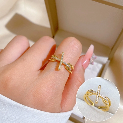 Cross Ring Gold Plated Brass Cubic Zirconia Adjustable Open Finger Jewelry For Women Elegant Light Luxury Style
