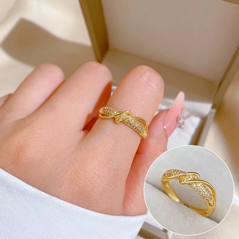 Twisted Crossed Open Ring Brass Gold Plated Micro Pave Cubic Zirconia Elegant Minimalist Adjustable Finger Jewelry Women