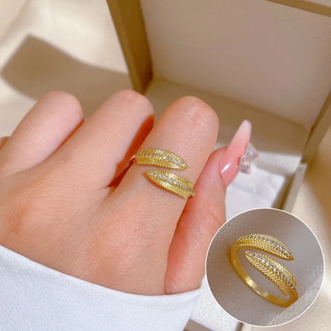 Feder Ring Offen Vergoldetes Kupfer Mikropflaster Zirkonia Verstellbarer Eleganter Schmuck Für Damen