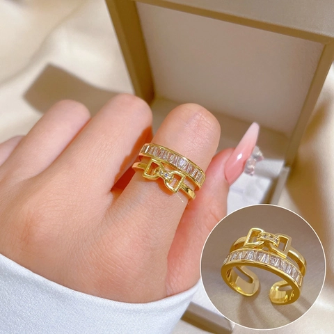 Bowknot Adjustable Open Ring Brass Gold Plated Double Layer Cubic Zirconia Elegant Jewelry For Women