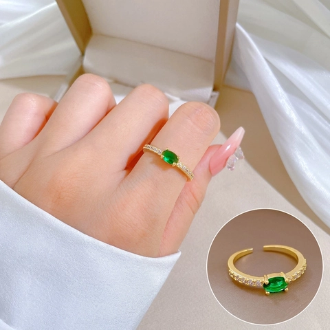 Brass Gold Plated Ring With Oval Green Zircon And Small White Cubic Zirconia Adjustable Open Band Fashion Jewelry Women