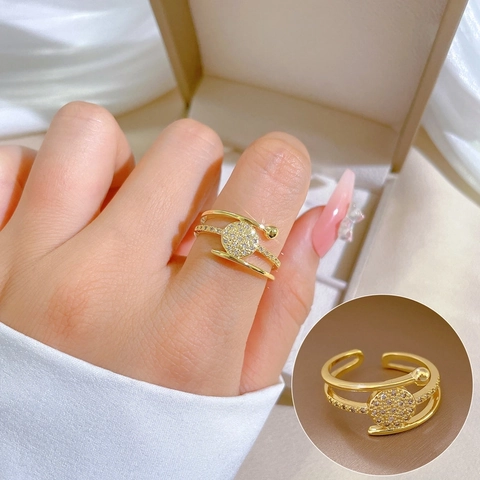 Mehrlagiger Offener Ring Gold Vergoldetes Messing Zirkonia Kreisförmiger Mikropavé Verstellbarer Schmuck Für Frauen